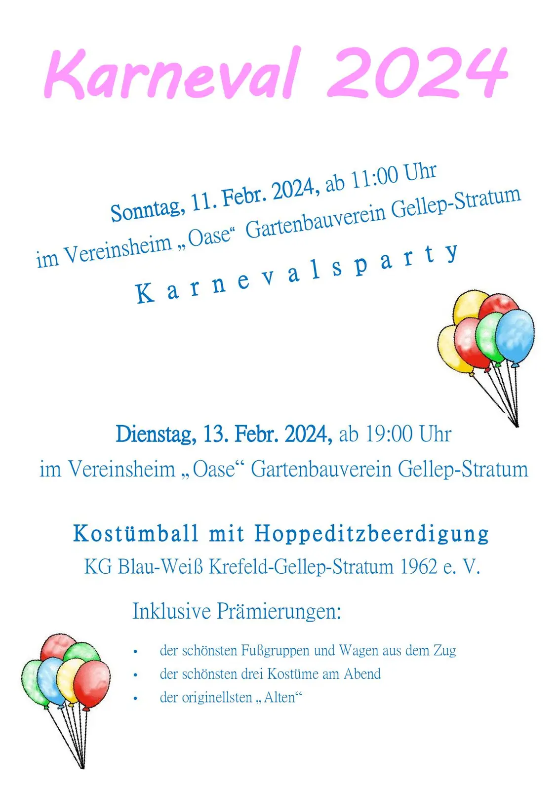 Plakat für 2 Karnevalstermine in Gellep-Stratum - Ort, Zeit und Anlass inkl.