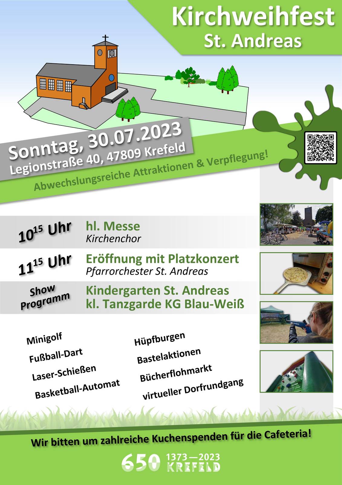 28.06.2023: Plakat grün, weiß, grau, Kirchweihfest mit Grafik der Kirche, Termin, Adresse und die Aktionen des Tages
